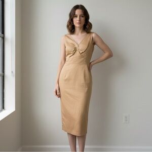 Janet Russo Nantucket vintage tan fitted cotton midi dress size 8
